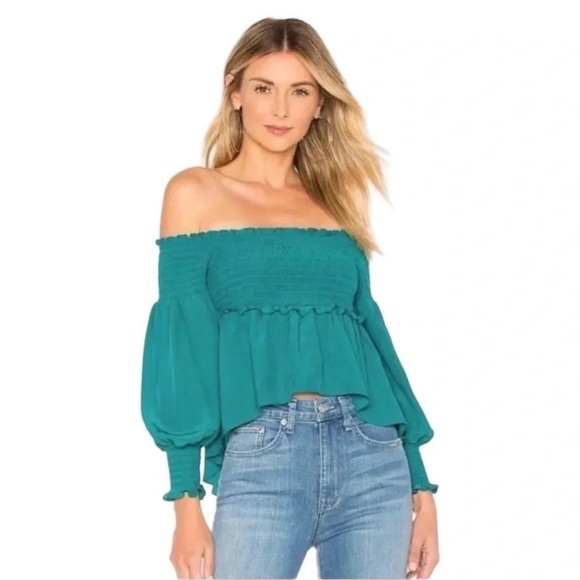 For Love And Lemons Blue Smocked Off The Shoulder Tiered Blouse Size S Babydoll - Picture 1 of 6